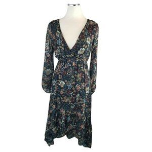 ELENA BALDI Italy Floral Midi Dress Hi-Low Sheer Chiffon Dark Romance Boho SZ XS